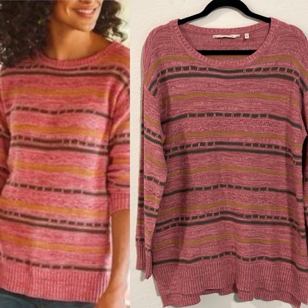 Soft Surroundings Women’s Sweater Pink 100% Cotton Lisabeth Art Stripe Coastal